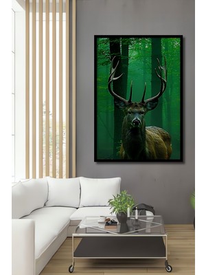 Çerçeve Görünümlü Ormanların Heybetli Geyiği Yağlı Boya Görünümlü Dekoratif Ahşap Ofis Kare Tablo