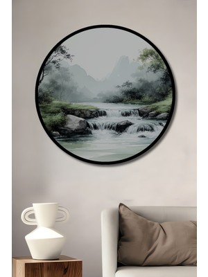 Çerçeve Görünümlü Sakin Nehir Sulu Boya Görünümlü Dekoratif Ahşap Dekoratif Ofis Yuvarlak Tablo