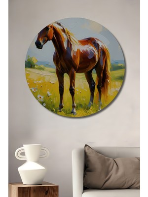 Yağlı Boya Görünümlü Muhteşem At ve Çiçekler Ev/işyeri/ofis Dekoratif Ahşap Yuvarlak Tablosu