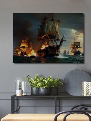 Alevler Içindeki Kadırgalar Yağlı Boya Görünümlü Dekoratif Ahşap Ev/işyeri/ofis Kare Tablo