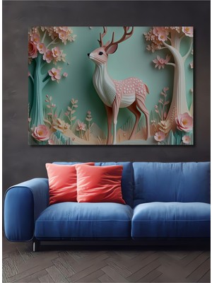 Pastel Renkli Geyik ve Çiçekler Dekoratif Ahşap Ev/işyeri/ofis Kare Tablo