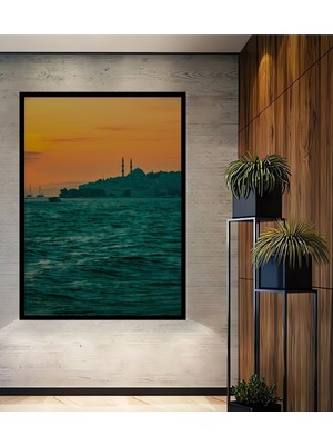 Çerçeve Görünümlü Gün Batımı Istanbul Silüeti Yağlı Boya Görünümlü Dekoratif Ahşap Ofis Kare Tablo