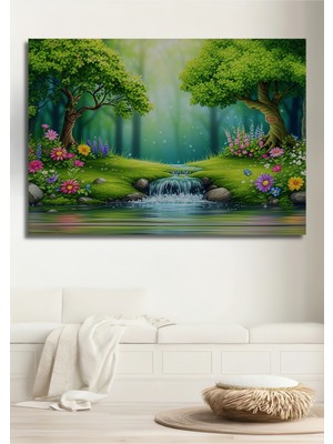 Büyülü Şelale Çiçek Bahçesi Yağlı Boya Görünümlü Ev/işyeri/ofis Dekoratif Ahşap Kare Tablo
