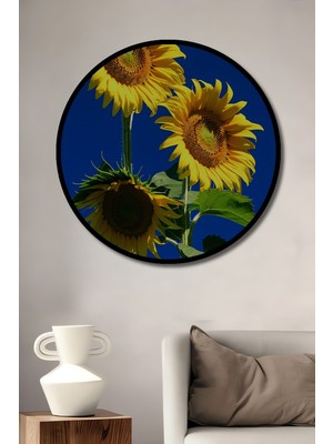 Çerçeve Görünümlü Güneşin Altın Çiçekleri Yağlı Boya Görünümlü Dekoratif Ahşap Ofis Yuvarlak Tablo