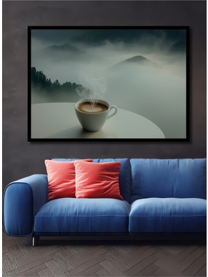 Çerçeve Görünümlü Sisli Dağlar Kahve Keyfi Yağlı Boya Görünümlü Dekoratif Ahşap Ofis Kare Tablo