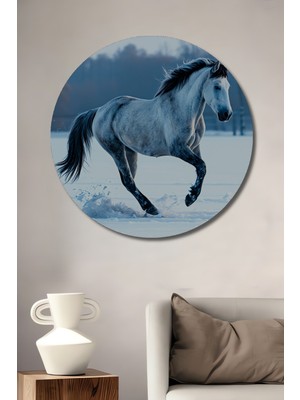 Kar Beyaz Atı Yağlı Boya Görünümlü Dekoratif Ahşap Ev/işyeri/ofis Yuvarlak Tablo
