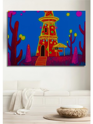 Fantastik Kule Sulu Boya Görünümlü Dekoratif Ahşap Ev/işyeri/ofis Kare Tablo