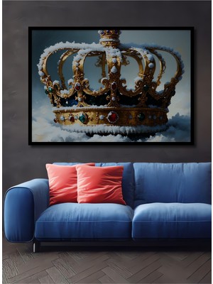 Çerçeve Görünümlü Karlar Altında Altın Taç Yağlı Boya Görünümlü Dekoratif Ahşap Ofis Kare Tablo