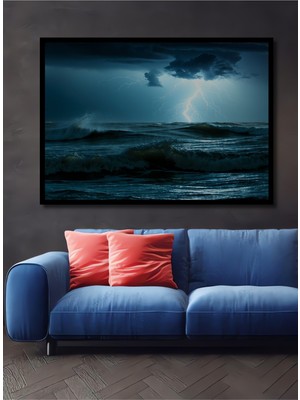 Çerçeve Görünümlü Fırtınalı Denizde Şimşek Dansı Yağlı Boya Görünümlü Ahşap Ofis Kare Tablo