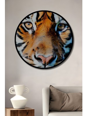 Çerçeve Görünümlü Kaplanın Gözünden Yağlı Boya Görünümlü Dekoratif Ahşap Işyeri/ofis Yuvarlak Tablo