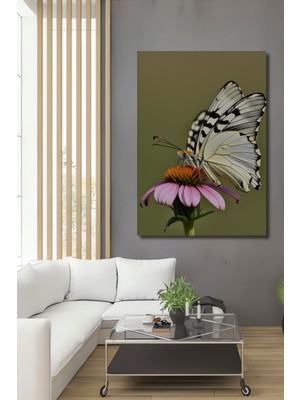 Narin Kelebek ve Pembe Çiçek Yağlı Boya Görünümlü Dekoratif Ahşap Ev/işyeri/ofis Kare Tablo