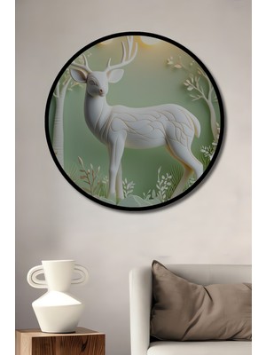 Çerçeve Görünümlü Beyaz Geyik Ormanı Pastel Boya Görünümlü Dekoratif Ahşap Ofis Yuvarlak Tablo