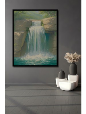 Çerçeve Görünümlü Pastel Boya Görünümlü Şelale Manzaralı Dekoratif Ahşap Ev/işyeri/ofis Kare Tablo