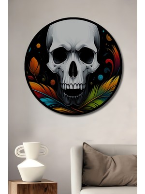 Çerçeve Görünümlü Renkli Tüylerle Dans Eden Kafatası Yağlı Boya Görünümlü Ofis Ahşap Tablo