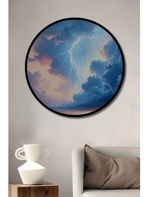 Çerçeve Görünümlü Gök Gürültülü Fırtına Yağlı Boya Görünümlü Dekoratif Ahşap Ofis Yuvarlak Tablo