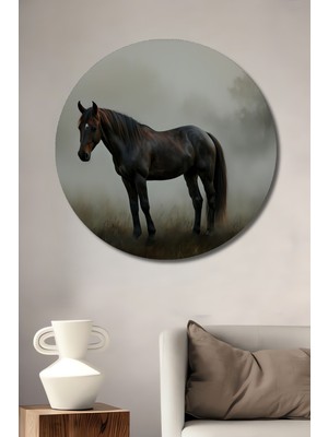 Sisli Ormanda At Yağlı Boya Görünümlü Dekoratif Ahşap Ev/işyeri/ofis Yuvarlak Tablo