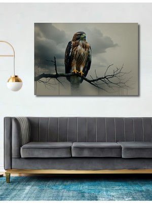 Yağlı Boya Görünümlü Dalda Oturan Kartal Ev/işyeri/ofis Dekoratif Ahşap Kare Tablosu