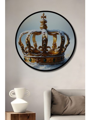 Çerçeve Görünümlü Karlar Altında Altın Taç Yağlı Boya Görünümlü Dekoratif Ahşap Ofis Yuvarlak Tablo