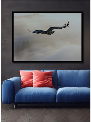 Çerçeve Görünümlü Sisler Üzerinde Uçan Kartal Yağlı Boya Görünümlü Dekoratif Ahşap Ofis Kare Tablo