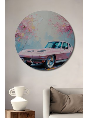 Pembe Corvette Çiçek Bahçesi Yağlı Boya Görünümlü Dekoratif Ahşap Ev/işyeri/ofis Yuvarlak Tablo