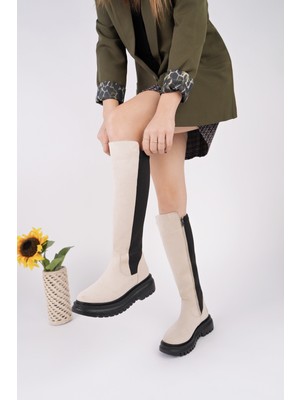 Muggo Diasa Süet Kalın Taban Streç Detaylı Fermuarlı Kadın Çizme