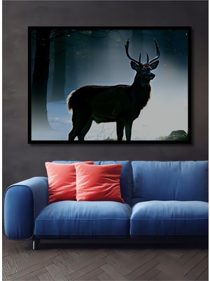 Çerçeve Görünümlü Ormanda Yağlı Boya Görünümlü Geyik Ev/işyeri/ofis Dekoratif Ahşap Kare Tablosu