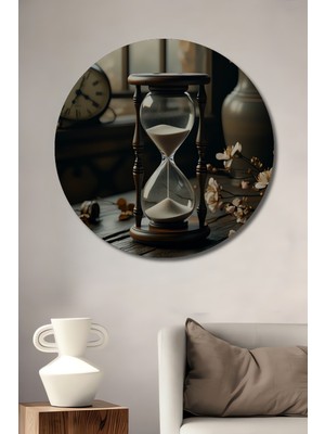 Eski Zaman Kum Saati Çiçekler Yağlı Boya Görünümlü Dekoratif Ahşap Ev/işyeri/ofis Yuvarlak Tablo