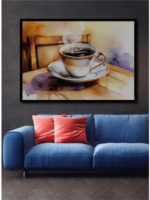 Çerçeve Görünümlü Dumanı Tüten Kahve Keyfi Sulu Boya Görünümlü Dekoratif Ahşap Ofis Kare Tablo
