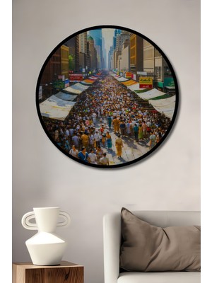 Çerçeve Görünümlü New York Sokak Pazarı Yağlı Boya Görünümlü Dekoratif Ahşap Ofis Yuvarlak Tablo