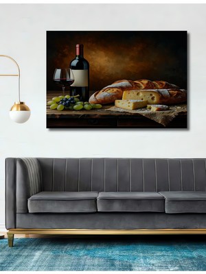 Şarap Peynir Ekmek Üçlemesi Yağlı Boya Görünümlü Dekoratif Ahşap Ev/işyeri/ofis Kare Tablo