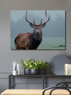 Heybetli Geyik Yağlı Boya Görünümlü Dekoratif Ahşap Ev/işyeri/ofis Kare Tablo