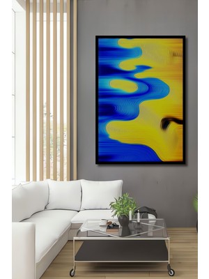 Çerçeve Görünümlü Soyut Mavi Sarı Dalgalanma Yağlı Boya Görünümlü Dekoratif Ahşap Ofis Kare Tablo