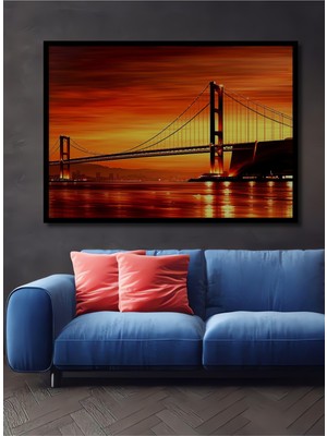 Çerçeve Görünümlü Altın Köprü San Francisco Yağlı Boya Görünümlü Dekoratif Ahşap Ofis Kare Tablo