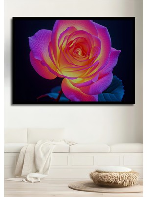 Çerçeve Görünümlü Neon Işıltılı Pembe Gül Yağlı Boya Görünümlü Dekoratif Ahşap Ofis Kare Tablo