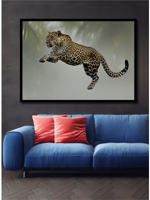 Çerçeve Görünümlü Atlayan Jaguar Yağlı Boya Görünümlü Dekoratif Ahşap Ev/işyeri/ofis Kare Tablo