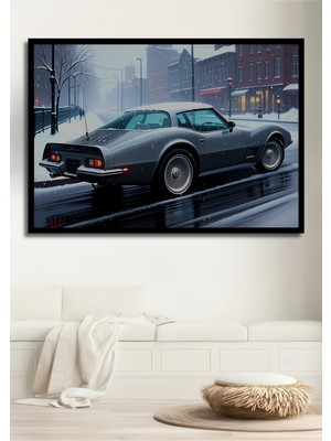 Çerçeve Görünümlü Kış Masalı Corvette Yağlı Boya Görünümlü Dekoratif Ahşap Işyeri/ofis Kare Tablo