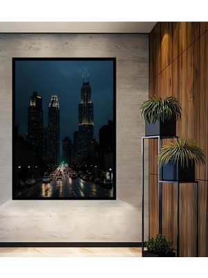 Çerçeve Görünümlü Chicago Gökdelenleri Yağlı Boya Görünümlü Dekoratif Ahşap Işyeri/ofis Kare Tablo