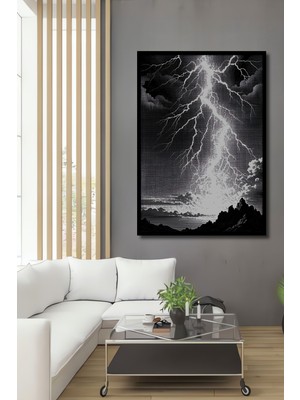 Çerçeve Görünümlü Siyah Beyaz Fırtına Kara Kalem Görünümlü Dekoratif Ahşap Işyeri/ofis Kare Tablo