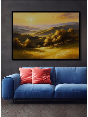 Çerçeve Görünümlü Altın Işıklar Yağlı Boya Görünümlü Doğa Manzarası Dekoratif Ahşap Ofis Kare Tablo