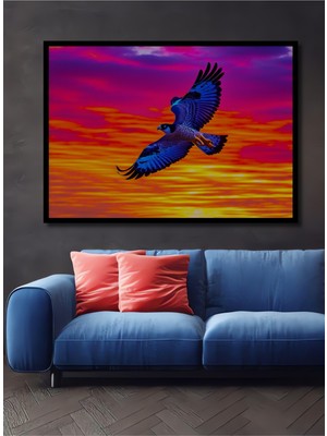 Çerçeve Görünümlü Gökyüzünde Süzülen Şahin Yağlı Boya Görünümlü Dekoratif Ahşap Ofis Kare Tablo