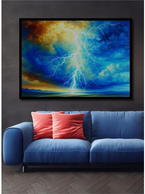 Çerçeve Görünümlü Gökyüzü Şimşek Fırtınası Yağlı Boya Görünümlü Ofis Dekoratif Ahşap Kare Tablo