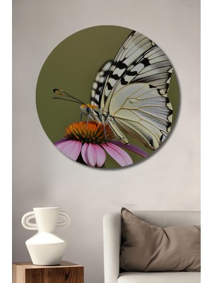 Narin Kelebek ve Pembe Çiçek Yağlı Boya Görünümlü Dekoratif Ahşap Ev/işyeri/ofis Yuvarlak Tablo