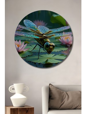 Sulu Boya Görünümlü Nilüfer Çiçeği ve Işıltılı Yusufçuk Dekoratif Ahşap Ev/işyeri/ofis Tablo