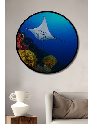 Çerçeve Görünümlü Deniz Dünyası Manta Vatozu Yağlı Boya Görünümlü Ahşap Ofis Yuvarlak Tablo