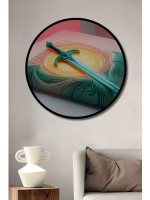 Çerçeve Görünümlü Turkuaz Kılıç Pastel Boya Görünümlü Dekoratif Ahşap Ev/işyeri/ofis Yuvarlak Tablo