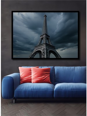 Çerçeve Görünümlü Kasvetli Gökyüzünde Eyfel Kulesi Yağlı Boya Görünümlü Ahşap Ofis Kare Tablo