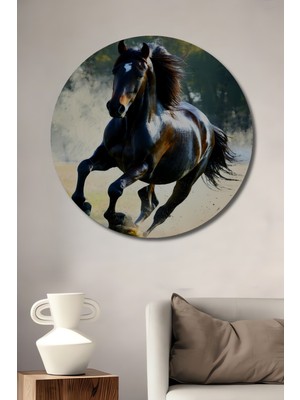 Coşkulu At Yağlı Boya Görünümlü Dekoratif Ahşap Ev/işyeri/ofis Yuvarlak Tablo