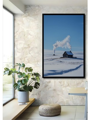 Çerçeve Görünümlü Kış Rüyası Dekoratif Ahşap Ev Manzarası Yağlı Boya Görünümlü Ofis Kare Tablo