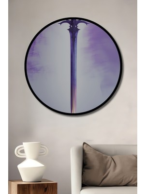 Çerçeve Görünümlü Eflatun Işık Kılıcı Sulu Boya Görünümlü Dekoratif Ahşap Ofis Yuvarlak Tablo