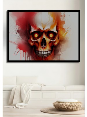Çerçeve Görünümlü Kızıl Gözlü Korkunç Kafatası Sulu Boya Görünümlü Dekoratif Ahşap Ofis Kare Tablo